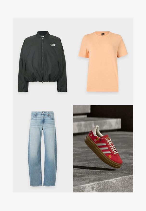 Zwarte bomberjack met ritssluiting, geribbelde kraag en elastische zoom. Voorzien van een logo op de borst en zijzakken met rits. Glad, lichtgewicht materiaal.; Effen perzikkleurig T-shirt met korte mouwen en ronde hals, met zwarte maatlabels binnen in de kraag, afgebeeld op een lichtgrijze achtergrond.; Lichtblauwe denim jeans met wijde pijpen, voorzakken, lussen voor een riem en een knoopsluiting.; Rode sneaker met bloemrijke borduurwerk, witte strepen en crèmekleurige accenten. Voorzien van een dikke beige zool, platte veters en een tonglabel met merknaam.