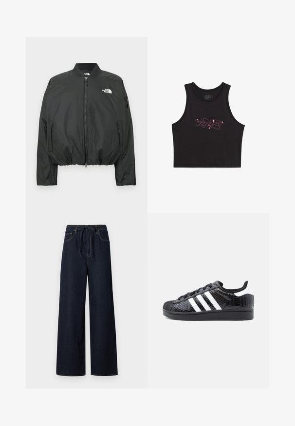 Schwarze Bomberjacke mit Reißverschluss, geripptem Kragen und elastischem Saum. Mit Logo auf der Brust und seitlichen Reißverschlusstaschen. Glattes, leichtes Material.; Schwarzes, kurz geschnittenes Tanktop aus Baumwolle, vorne mit einem pinkfarbenen Grafiklogo und Sternakzenten. Glatte Textur, ärmelloses Design.; Dunkelblaue, weit geschnittene Denim-Hosen mit einem Kordelzugbund, klassischem Fünf-Taschen-Design und kontrastierenden Nähten.; Schwarzer Sneaker mit strukturierter, glänzender Oberfläche, weißem Dreistreifen-Design, schwarzen Schnürsenkeln und schwarzer Gummisohle.