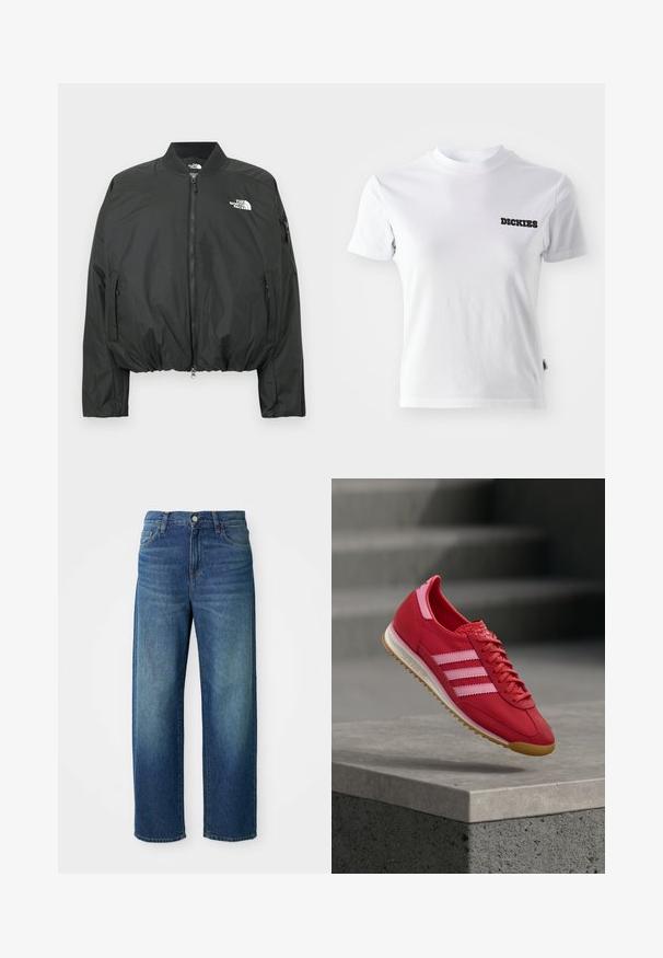 Chaqueta bomber negra con cierre de cremallera, cuello acanalado y dobladillo elástico. Presenta un logo en el pecho y bolsillos laterales con cremallera. Material liso y ligero.; Camiseta blanca de manga corta hecha de algodón con cuello redondo y logo negro de "DICKIES" en la parte izquierda del pecho. Textura suave y diseño ajustado.; Vaqueros de mezclilla azul, diseño de pierna ancha, cintura de medio tiro, desgaste sutil, estilo de cinco bolsillos, con cierre de botón y cremallera, dobladillo recto.; Zapatilla deportiva roja con detalles rosas, materiales de ante y sintéticos, que presenta tres franjas blancas, puntera texturizada y suela de goma color caramelo.