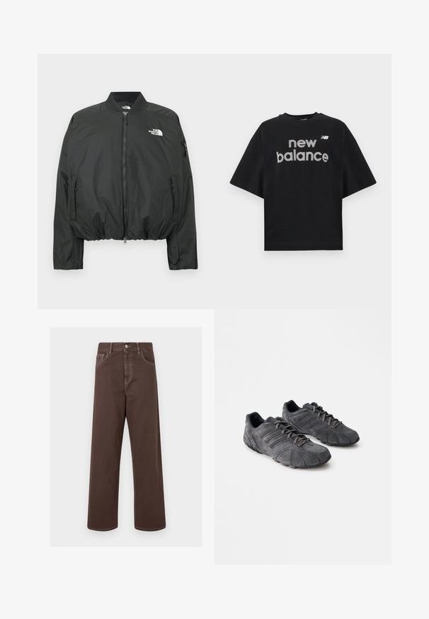 Schwarze Bomberjacke mit Reißverschluss, geripptem Kragen und elastischem Saum. Mit Logo auf der Brust und seitlichen Reißverschlusstaschen. Glattes, leichtes Material.; Schwarzes Kurzarm-T-Shirt mit weißem "new balance" Schriftzug und kleinem "NB" Logo auf der Brust, vor neutralem Hintergrund präsentiert.; Braune weit geschnittene Jeanshose mit kontrastierenden Nähten, fünf Taschen und einer metallenen Knopfverschlus. Glatte Textur, gerader Schnitt.; Schwarze Wildledersportschuhe mit einer strukturierten Oberfläche, geschwungenem Design und Gummisohlen. Mit Schnürsenkeln und horizontalen Streifen an den Seiten.