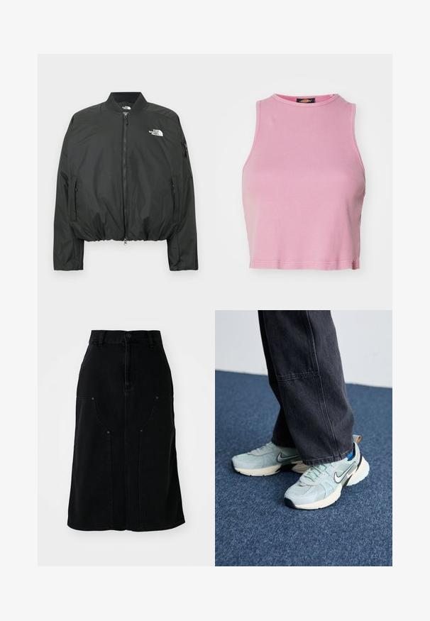 Schwarze Bomberjacke mit Reißverschluss, geripptem Kragen und elastischem Saum. Mit Logo auf der Brust und seitlichen Reißverschlusstaschen. Glattes, leichtes Material.; Rosa gerippter Cropped-Top mit rundem Halsausschnitt und ärmellosem Design. Besitzt einen Saum, der knapp über der Taille endet.; Schwarzer Denim-Rock mit geradem Schnitt, vorderen Taschen und einem Knopfverschluss an der Taille. Verfügt über sichtbare Nähte und einen strukturierten Stoff.; Himmelblaue Mesh-Nike-Sneaker mit strukturiertem Finish, schwarzem Swoosh und cremefarbener Zwischensohle, kombiniert mit dunkelgrauen weiten Hosen.
