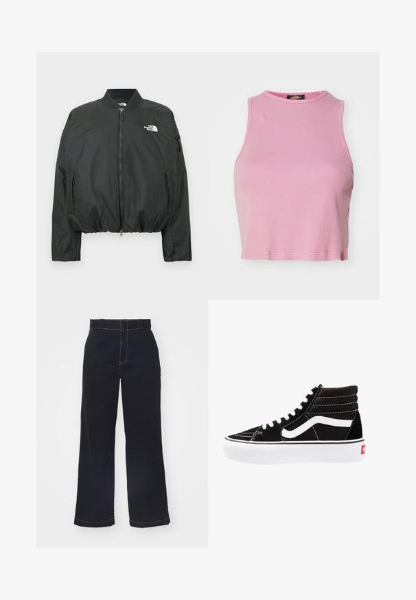 Čierna bomber bunda so zapínaním na zips, rebrovaným golierom a elastickým lemom. Obsahuje logo na hrudi a bočné vrecká na zips. Hladký, ľahký materiál.; Ružový rebrovaný crop top s okrúhlym výstrihom a bezrukávovým dizajnom. Má lemovanie končiace tesne nad pásom.; Tmavo modré nohavice s širokými nohavicami z bavlny s vysokým pásom, s kontrastným bielym prešívaním a čista, jednoduchá dizajnom.; Čierne vysoké tenisky s bielymi šnúrkami, bielym logom a kontrastným bielym prešívaním. Majú hrubú bielu podrážku a textúrovaný semišový zvršok.