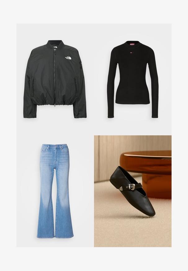 Chaqueta bomber negra con cierre de cremallera, cuello acanalado y dobladillo elástico. Presenta un logo en el pecho y bolsillos laterales con cremallera. Material liso y ligero.; Top negro de manga larga confeccionado en tejido de canalé, con cuello redondo y un pequeño logo rojo de Diesel bordado en el pecho.; Jeans de mezclilla azul claro acampanados con cintura alta, con cierre de botón y pasadores para cinturón. Textura suave y acabado desvaído hacia las piernas.; Zapato plano de cuero negro con punta puntiaguda y correa con hebilla plateada, colocado sobre una alfombra beige frente a una mesa redonda de color ámbar.