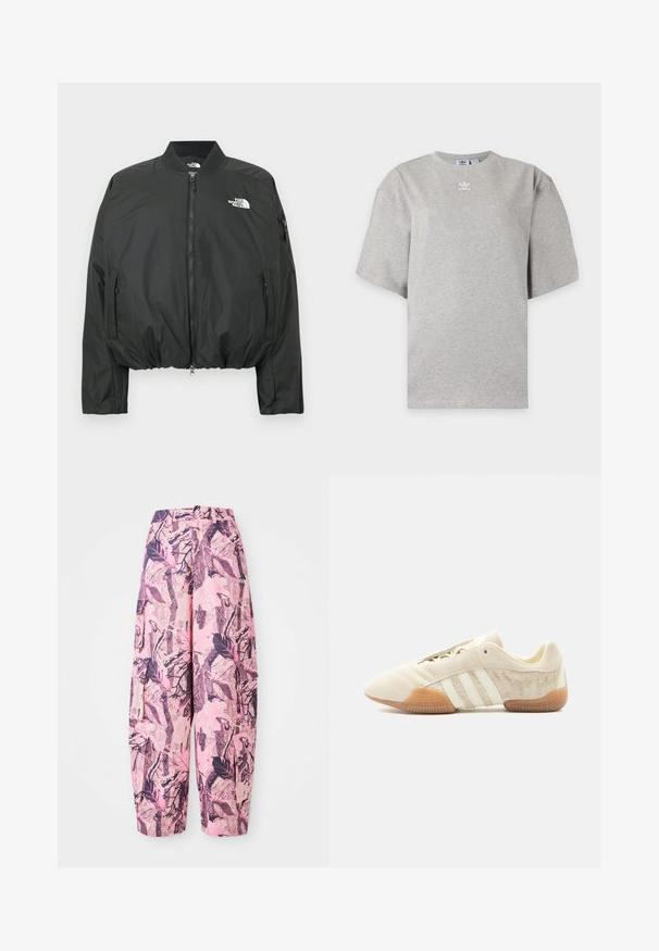 Zwarte bomberjack met ritssluiting, geribbelde kraag en elastische zoom. Voorzien van een logo op de borst en zijzakken met rits. Glad, lichtgewicht materiaal.; Lichtgrijs Adidas T-shirt met korte mouwen, ronde hals en klein wit Adidas-logo op de borst, weergegeven op een effen achtergrond.; Roze en paarse wijdgaande broek met een bladeren- en takkenpatroon, heeft een hoge taille en zijzakken voor extra functionaliteit.; Lage beige sneaker met drie witte strepen, gestructureerde suède zijpanelen, rubberen zool en vetersluiting op een effen achtergrond.