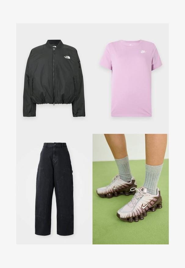 Zwarte bomberjack met ritssluiting, geribbelde kraag en elastische zoom. Voorzien van een logo op de borst en zijzakken met rits. Glad, lichtgewicht materiaal.; Lila Nike T-shirt met korte mouwen en wit Nike-logo op de bovenste linkerborst, ronde halslijn en een effen stoffen achtergrond.; Zwarte denim cargo broek met wijde been, hoge taille, twee grote voorkanten zakken en een knoopsluiting bij de taille. Soepele textuur, casual ontwerp.; Nike-sneakers in lichtroze en bruin, met een gestructureerde bovenkant, gelaagd ontwerp en een dempende buitenzool met zichtbare luchtunits.