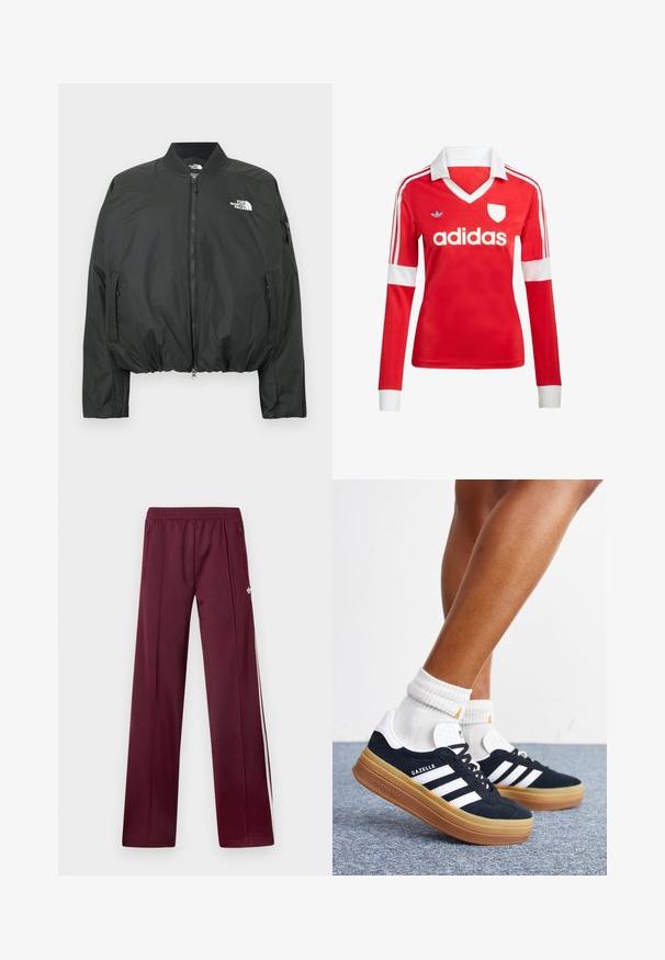 Čierna bomber bunda so zapínaním na zips, rebrovaným golierom a elastickým lemom. Obsahuje logo na hrudi a bočné vrecká na zips. Hladký, ľahký materiál.; Červený futbalový dres s dlhým rukávom a bielym golierom a manžetami. Na ramenách sú tri biele pruhy a výrazne zobrazené logo "adidas".; Vínové teplákové nohavice s elastickým pásom, bočnými vreckami na zips, bielymi bočnými pruhmi a malým bielym logom Adidas na pravej stehne.; Nohy v bielych ponožkách a čiernych teniskách Adidas Gazelle s bielymi pruhmi a hrubými hnedými podrážkami na sivom koberci.