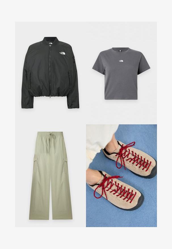 Veste bomber noire avec fermeture éclair, col côtelé et ourlet élastiqué. Logo sur la poitrine et poches latérales zippées. Matière lisse et légère.; T-shirt gris court à manches courtes avec col rond et petit logo blanc The North Face centré sur la poitrine.; Pantalon cargo vert clair à jambes larges avec taille élastique et cordon de serrage, doté de poches latérales à rabat et d'une coupe décontractée.; Des chaussures beiges avec des lacets rouges, posées sur une surface bleue texturée, révèlent partiellement la cheville d'une personne. Les chaussures ont un design sportif.