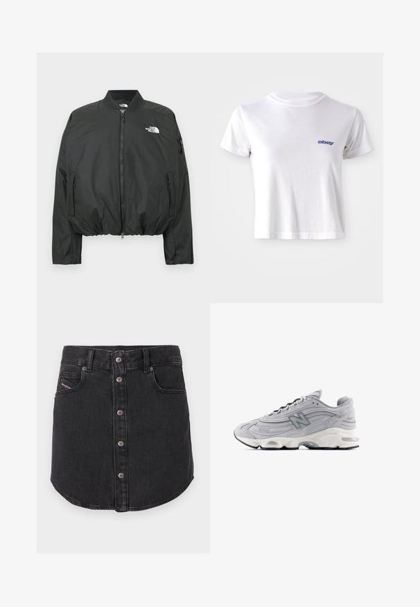 Chaqueta bomber negra con cierre de cremallera, cuello acanalado y dobladillo elástico. Presenta un logo en el pecho y bolsillos laterales con cremallera. Material liso y ligero.; Camiseta de algodón blanca con escote redondo y mangas cortas, con un pequeño logotipo azul "obey" en el área del pecho izquierdo.; Minifalda de mezclilla negra con botones metálicos en la parte delantera, dos bolsillos frontales, presillas para cinturón y dobladillo curvado.; Zapatilla deportiva gris con parte superior de ante y malla, diseño texturizado, suela exterior negra, detalles reflectantes y un destacado logotipo "N" en el lateral.