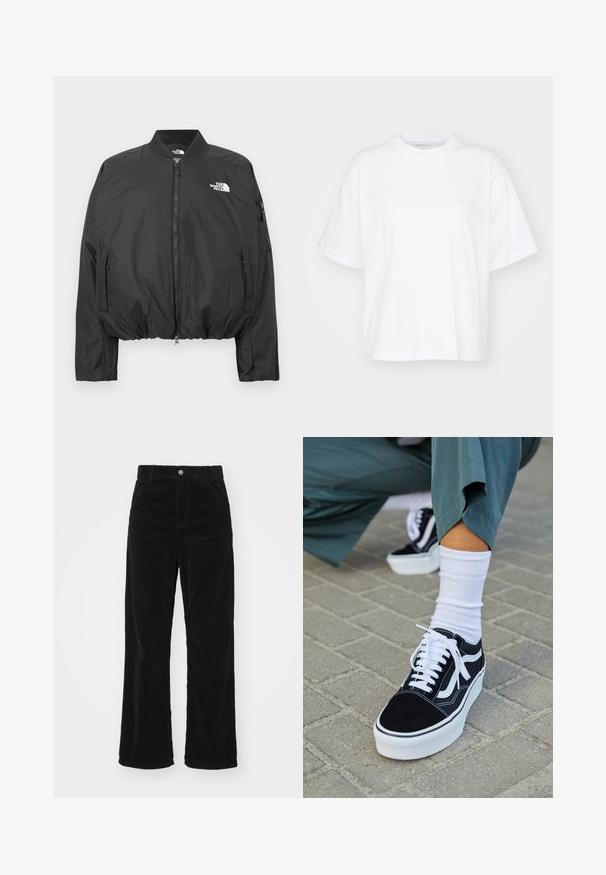 Chaqueta bomber negra con cierre de cremallera, cuello acanalado y dobladillo elástico. Presenta un logo en el pecho y bolsillos laterales con cremallera. Material liso y ligero.; Camiseta de algodón blanca con cuello redondo, mangas cortas y un corte relajado. Presenta un logo sutil en el área del pecho izquierdo. Textura suave.; Pantalones de pana anchos en color negro con cintura alta, que cuentan con un cierre frontal de botón y cremallera, y una textura acanalada vertical en todo su diseño.; Zapatillas de ante negro con acentos y cordones blancos, que cuentan con una gruesa suela blanca y costuras en contraste, combinadas con un calcetín blanco.
