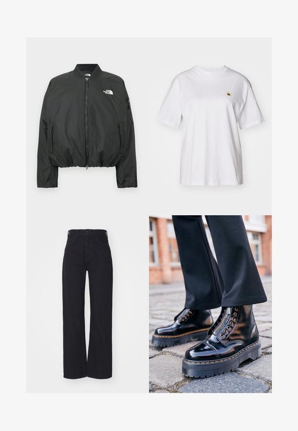 Zwarte bomberjack met ritssluiting, geribbelde kraag en elastische zoom. Voorzien van een logo op de borst en zijzakken met rits. Glad, lichtgewicht materiaal.; Witte katoenen t-shirt met een relaxte pasvorm, korte mouwen en een klein geborduurd logo op de linkerborst.; Zwarte hoge taille wijdlopende jeans met een sluiting aan de voorkant met knoop en rits, ceintuurlussen en twee voorzakken op een witte achtergrond.; Zwarte gepatenteerde leren enkellaarsjes met een dikke rubberen zool, zijrits, gouden oogjes en contrasterende gele stiksels.