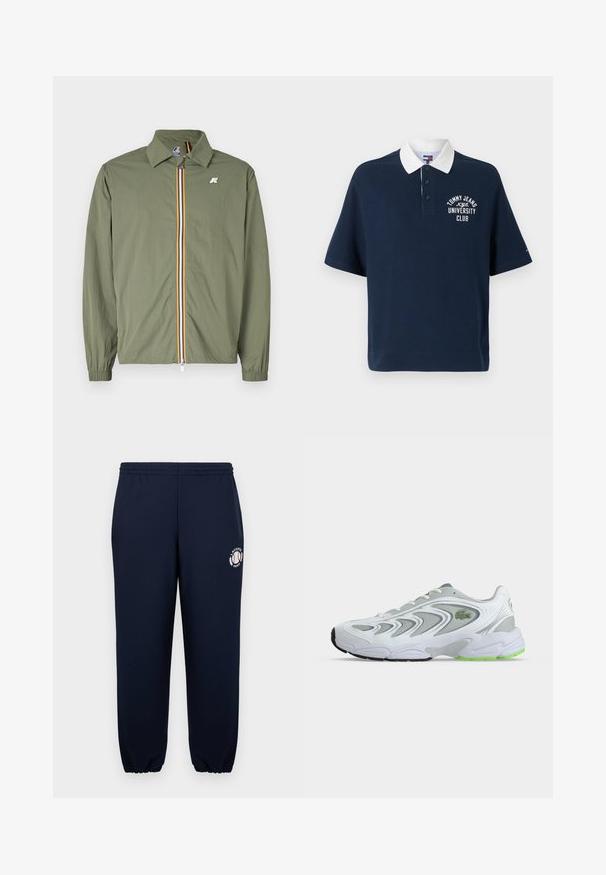 Olivgrüne leichte Jacke, Frontreißverschluss mit mehrfarbigen Streifen, spitzem Kragen, elastischen Bündchen und kleinem Logo auf der Brust.; Navyblaues Poloshirt mit kurzen Ärmeln und weißem Kragen, mit gesticktem Text "TOMMY JEANS UNIVERSITY CLUB" in Weiß auf der Brust.; Navyblaue Sweatpants aus weichem Baumwollmaterial mit elastischen Bündchen und Bund. Mit einem weißen Lacoste Paris Logo auf dem linken Bein.; Weißer und grauer Sportschuh mit grünen Akzenten und Logo, Mesh-Einsätzen und einer dicken, gepolsterten Sohle, seitlich auf einfachem Hintergrund dargestellt.