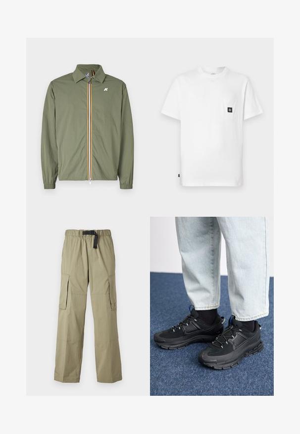 Olivgrüne leichte Jacke, Frontreißverschluss mit mehrfarbigen Streifen, spitzem Kragen, elastischen Bündchen und kleinem Logo auf der Brust.; Weißes Baumwoll-T-Shirt mit Rundhalsausschnitt, kurzen Ärmeln und einer Brusttasche mit schwarzem Logo-Patch. Glatte Textur, lockere Passform.; Helle Olivfarbene Cargohosen mit elastischem Bund und Gürtel, ausgestattet mit zwei Seitentaschen und einer glatten Textur, die für Komfort und Funktionalität ausgelegt sind.; Schwarze Sportschuhe aus strukturiertem Stoff mit Gummisohlen, ausgestattet mit elastischen Schnürsenkeln und einem blauen Akzent an der Ferse. Getragen mit hellen Jeans.