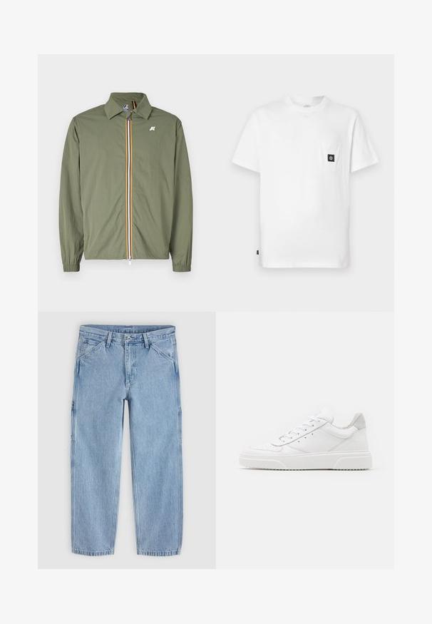 Olivgrüne leichte Jacke, Frontreißverschluss mit mehrfarbigen Streifen, spitzem Kragen, elastischen Bündchen und kleinem Logo auf der Brust.; Weißes Baumwoll-T-Shirt mit Rundhalsausschnitt, kurzen Ärmeln und einer Brusttasche mit schwarzem Logo-Patch. Glatte Textur, lockere Passform.; Hellblaue Jeans mit geradem Bein, vorderem Knopf, Reißverschluss, Gürtelschlaufen und schrägen Vordertaschen auf einfarbigem Hintergrund.; Weiße Leder-Sneaker mit glatter Oberfläche, rundem Zehenbereich, flachen Schnürsenkeln und strukturiertem Schuhsohlen. Graues Wildleder-Detail an der Ferse.