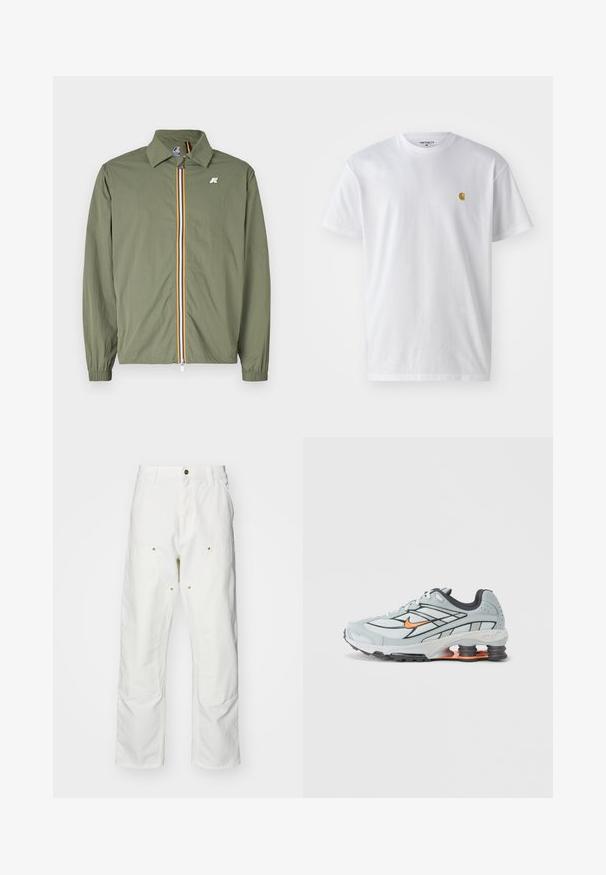 Olivgrüne leichte Jacke, Frontreißverschluss mit mehrfarbigen Streifen, spitzem Kragen, elastischen Bündchen und kleinem Logo auf der Brust.; Weißes Baumwoll-T-Shirt mit kurzen Ärmeln, Rundhalsausschnitt, mit einem kleinen goldenen Logo im linken Brustbereich. Weicher Stoff und normale Passform.; Weiße Baumwoll-Cargohose mit lockerer Passform. Zu den Merkmalen gehören Fronttaschen, goldfarbene Hardware-Akzente und verstärkte Kniebereiche.; Hellgrauer Laufschuh mit schwarzen Akzenten, orangefarbenem Logo, Mesh-Obermaterial, gepolstertem Schaft und Gummisohle mit sichtbaren stoßdämpfenden Einheiten.