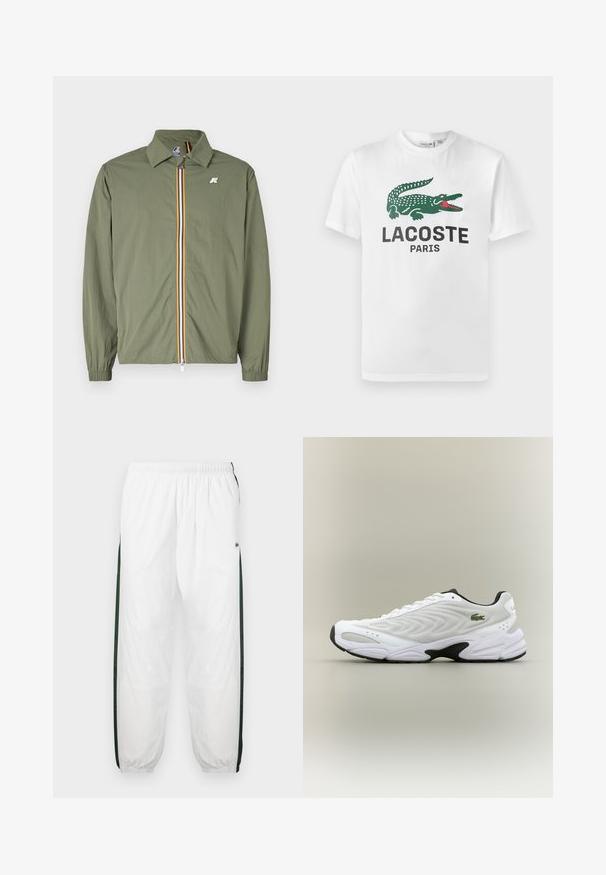 Olivovo zelená ľahká bunda, predný zips s viacfarebnými pruhmi, špicatý golier, elastické manžety a malé logo na hrudi.; Lacoste Tričko s potlačou - white; Biele športové nohavice s tmavozelenými bočnými panelmi. Ľahký materiál, elastický pás a sťahované lemy. Obsahujú sieťovinovú textúru na bočných paneloch.; Biele atletické tenisky s textúrovaným sieťovinovým zvrškom, zakriveným dizajnom a kontrastnou čiernou podrážkou. S greennou vyšívanou nášivkou na boku.