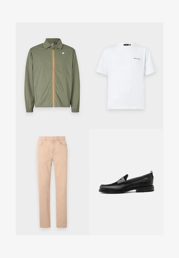 Chaqueta ligera verde oliva, con cremallera frontal y franjas multicolores, cuello puntiagudo, puños elásticos y pequeño logo en el pecho.; Camiseta de manga corta blanca con cuello redondo y pequeño logo de texto en negro "BELSTAFF" en el lado izquierdo del pecho.; Jeans rectos beige confeccionados en tejido de mezcla de algodón, con cremallera, trabillas para el cinturón y bolsillos frontales y traseros. Textura suave.; Mocasín de cuero negro con detalle de tira gris, tacón bajo y suela texturizada, con la marca "HUGO" en oro en el lateral.