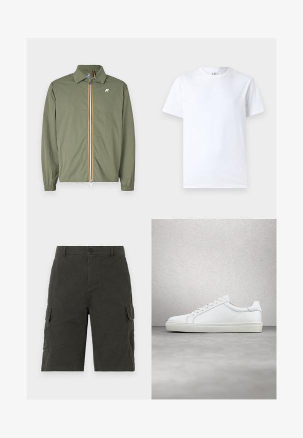 Olivgrüne leichte Jacke, Frontreißverschluss mit mehrfarbigen Streifen, spitzem Kragen, elastischen Bündchen und kleinem Logo auf der Brust.; Weißes Baumwoll-T-Shirt mit Rundhalsausschnitt und kurzen Ärmeln. Einfaches Design ohne Muster oder Grafiken, mit GAP-Logo am Kragen.; Dunkelgrüne Cargo-Shorts aus leichtem Stoff, mit zwei Seitentaschen und einem Knopfverschluss an der Taille.; Weißer Sneaker mit glattem Lederobermaterial und niedrigem Profil. Verfügt über eine runde Zehenpartie, sechs Ösen und eine strukturierte Gummisohle.