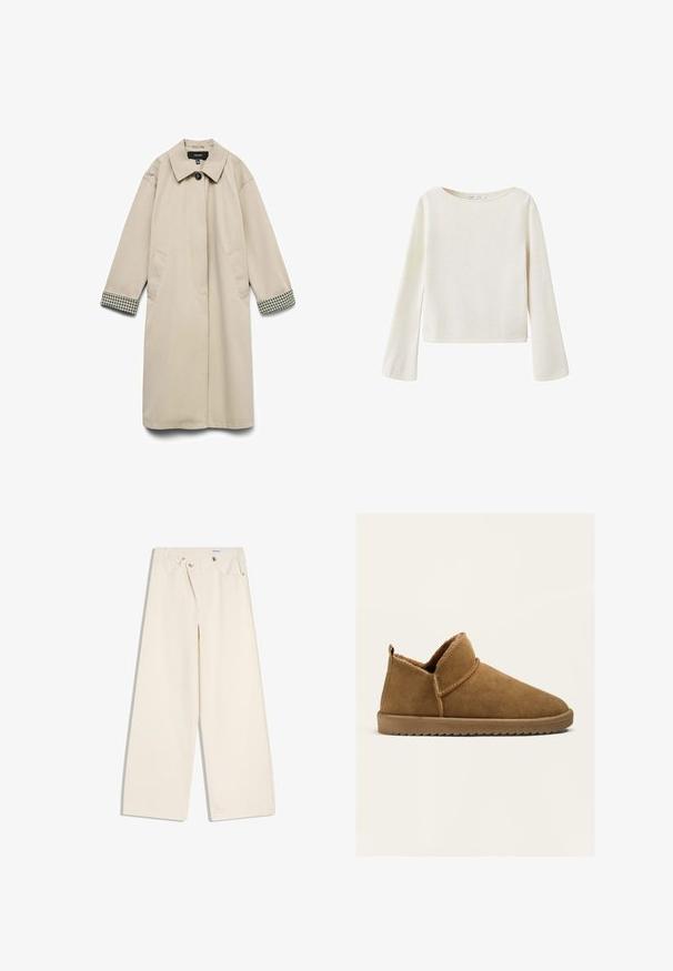 Manteau beige avec un large col, deux poches latérales et des accents à carreaux noir et blanc sur les poignets. Tissu lisse et léger.; Pull blanc cassé à manches longues avec un large col rond et des manches légèrement évasées, fabriqué en tissu en maille douce.; Pantalon large couleur écru avec poches avant, passants pour ceinture, et boutons argentés sur la ceinture et les bords des poches.; Chausson marron en daim à enfiler avec doublure douce et semelle rainurée, conçu pour le confort à l'intérieur et une mise en place facile.