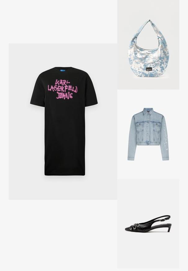 Lyseblå denimcropped jakke med knaplukning foran, to brystlommer og lange ærmer, der har hvid broderet tekst på det ene arm.; Sort bomulds T-shirt med rosa graffiti-lignende tekst "KARL LAGERFELD JEANS," korte ærmer og en afslappet pasform.; Sort læder slingback sko med spids tå, tre sølvspænder på forsiden og lav lille hæl på hvid baggrund.; Blå- og hvid batikmønstret skuldertaske i stof med en buet form og sort Karl Lagerfeld Jeans logo-patch på forsiden.