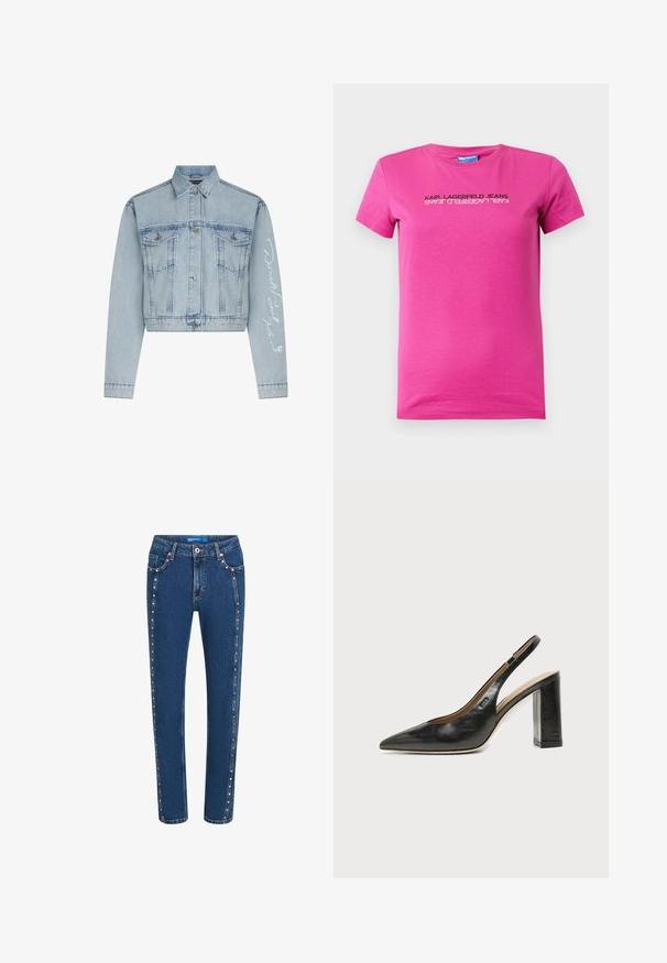 Chaqueta de mezclilla recortada de color azul claro con cierre de botones en la parte delantera, dos bolsillos en el pecho y mangas largas que presentan texto bordado en blanco en un brazo.; Camiseta de algodón rosa con escote redondo, manga corta y un diseño de logo impreso en negro en la parte delantera, que presenta un diseño elegante y moderno.; Vaqueros de mezclilla en azul oscuro con corte recto, que presentan costuras en contraste y tachuelas decorativas a lo largo de las costuras laterales y los bolsillos delanteros.; Zapato slingback de piel negra con puntera puntiaguda, tacón alto y ancho, y forro interior beige sobre un fondo claro y liso.