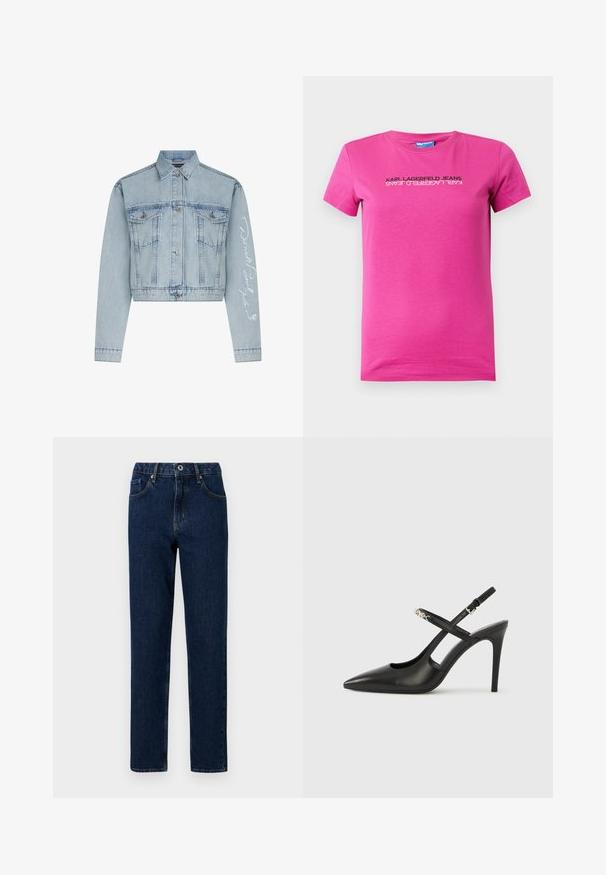 Lyseblå denimcropped jakke med knaplukning foran, to brystlommer og lange ærmer, der har hvid broderet tekst på det ene arm.; Lyserød bomulds t-shirt med rund halsudskæring, korte ærmer og et trykt logodesign i sort foran, der har et elegant, moderne layout.; Mørkeblå denim jeans med lige ben, der har en talje med en elastisk sektion, forlommer og minimale syninger.; Sorte læder slingback-højhæle med spids tå, udskåret design og justerbar rem med metalhardware.