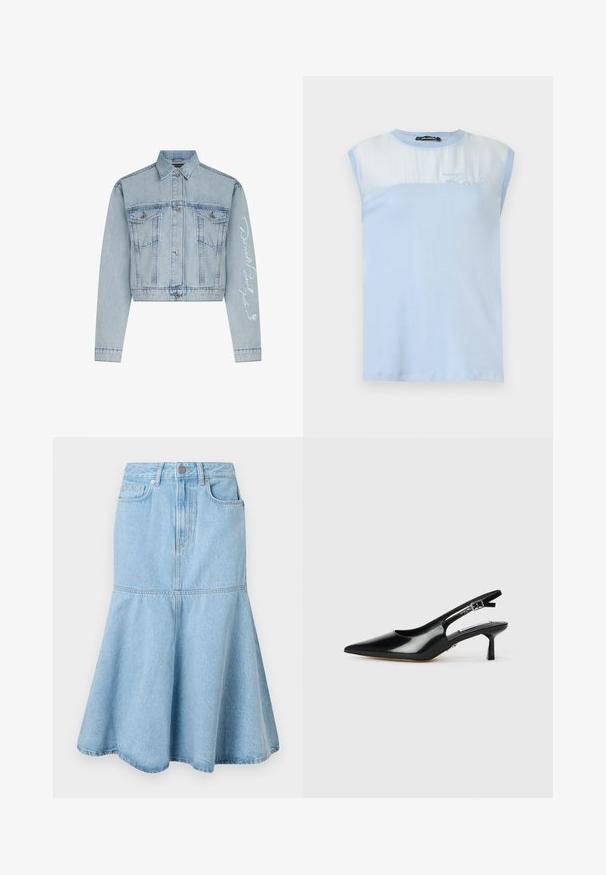 Lyseblå denimcropped jakke med knaplukning foran, to brystlommer og lange ærmer, der har hvid broderet tekst på det ene arm.; Lyseblå ærmeløs top med en blød bomuldstekstur, en gennemsigtig øvre del og broderet "Karl"-detalje på fronten.; Lyselilla denimnederdel med en flagrende bund, der har en tætsiddende talje, lommer og subtile syninger.; Sorte patenterede slingback hæle med spids tå, tynd hæl og justerbar spænde-rem. Glat tekstur med minimal udsmykning.