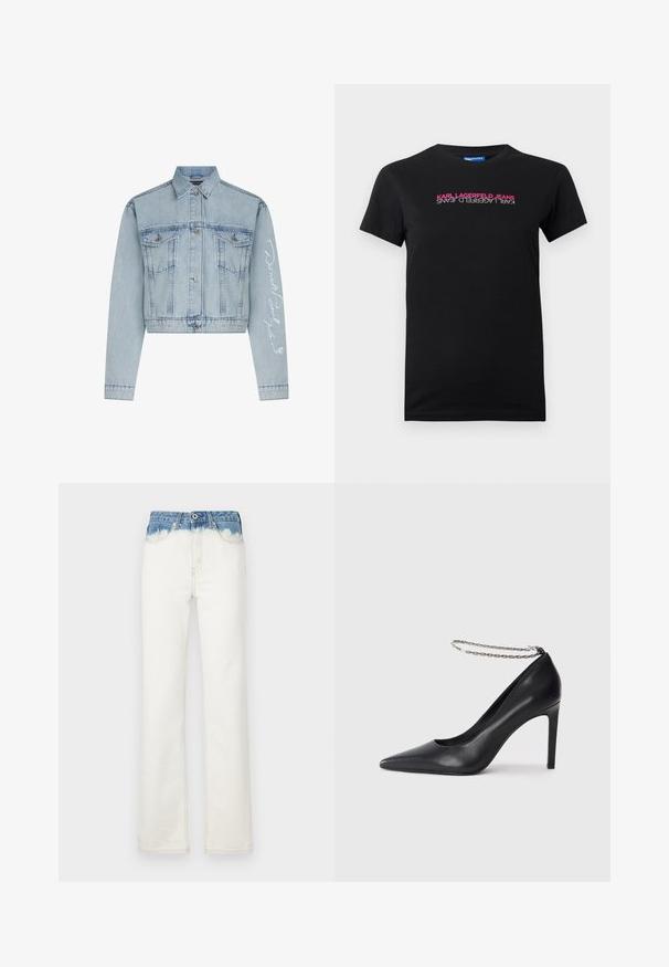 Lyseblå denimcropped jakke med knaplukning foran, to brystlommer og lange ærmer, der har hvid broderet tekst på det ene arm.; Sort bomulds T-shirt med korte ærmer, med et horisontalt logo i pink og hvid tekst, der står "KARL LAGERFELD JEANS."; Bredde ben jeans med en hvid krop og blå gradient denim talje, udstyret med lynlås, fem lommer og subtile syning detaljer.; Sorte læder højhælede pumps med spids tå, der har en tynd sølvkæde ankelrem og en slank, glat tekstur.