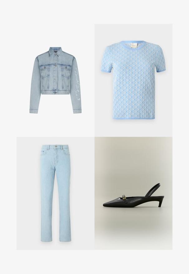 Lyseblå denimcropped jakke med knaplukning foran, to brystlommer og lange ærmer, der har hvid broderet tekst på det ene arm.; Lyseblå kortærmet sweater med struktureret geometrisk mønster i hvid. Har en rund halsudskæring og ribbede manchetter.; Lyseblå straight-leg denimjeans med lommer foran og bagpå, knap- og lynlåslukning, vist på hvid baggrund.; Sort læder slingback med kitten heel, spids tå og lille guldfarvet spænde på en ensfarvet baggrund.
