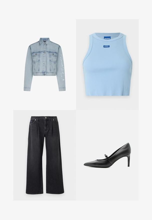 Lichtblauwe denim cropped jack met knoopsluiting aan de voorkant, twee borstzakken en lange mouwen met witte geborduurde tekst op één arm.; Lichtblauw geribd cropped topje met een aangesloten ontwerp. Heeft een ronde hals en een HUGO-logotag in blauw op het middenvoor.; Zwarte flare jeans van denim, met een knoopsluiting aan de voorkant, twee voorzakken en een nette afwerking zonder versieringen.; Zwarte leren pumps met puntige neus, dunne riem en gesp over de wreef, staand op een neutrale lichte achtergrond.