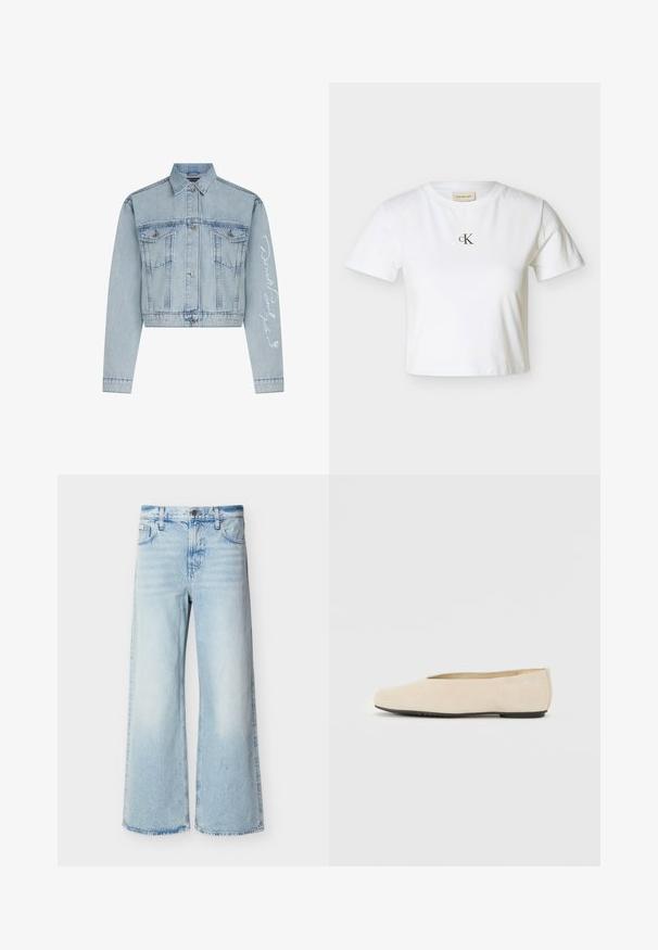Lyseblå denimcropped jakke med knaplukning foran, to brystlommer og lange ærmer, der har hvid broderet tekst på det ene arm.; Hvid kortærmet crop-top T-shirt med lille sort "cK"-logo placeret midt på brystet og rund halsudskæring.; Lyseblå højtaljede viddeben jeans med forlommer, bæltestropper og knaplukning.; Beige ruskind ballerina med rund tå, flad sål og minimalistisk design. Glat tekstur uden synligt hardware eller udsmykninger.