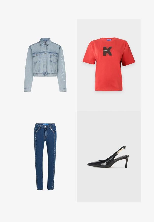 Lyseblå denimcropped jakke med knaplukning foran, to brystlommer og lange ærmer, der har hvid broderet tekst på det ene arm.; Rød bomuld T-shirt med et sort grafisk 'K'-design og striber på en firkantet lap. Kortærmet og rund hals.; Mørkeblå denim jeans med lige pasform, der har kontrasterende syninger og dekorative nitter langs sidesømmene og forlommerne.; Sort læder slingback højhælede sko med spidse tæer, glat overflade og en smal ankelrem med guldfarvede hardware detaljer.