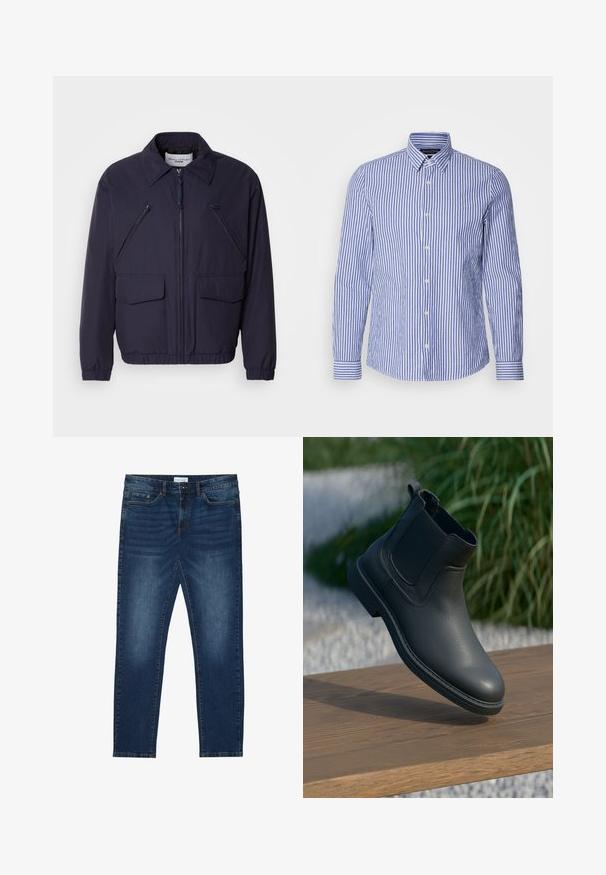 Donkerblauwe jas met een ritssluiting aan de voorkant, een puntige kraag, twee grote voorzakken en twee schuin geplaatste borstzakken met rits. Gemaakt van glad, lichtgewicht materiaal.; Blauw-witte gestreepte langemouwen overhemd met knopen, gemaakt van geweven katoen, met een klassieke kraag en een ronde zoom. Voorzien van parelknopen.; Donkerblauwe slim-fit jeans met vervaagde details, klassiek vijf-pocket ontwerp, knoopsluiting en riemlussen.; Zwarte leren enkellaars met elastische zijkanten, gestructureerde accenten en een rubberen zool; de display heeft een houten oppervlak en groenereien.