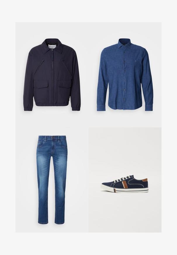 Donkerblauwe jas met een ritssluiting aan de voorkant, een puntige kraag, twee grote voorzakken en twee schuin geplaatste borstzakken met rits. Gemaakt van glad, lichtgewicht materiaal.; Blauw overhemd met lange mouwen van textiel met structuur, voorzien van een traditionele kraag, knoopsluiting aan de voorkant en subtiele logo borduursel op de borst.; Blauwe spijkerbroek met rechte pijpen en vervaagde details, met een frontsluiting met knoop en rits, ceintuurlussen en een klassieke vijf-pocket ontwerp.; Marineblauwe canvas sneakers met witte vetersluiting, bruin accent en details met zijstrepen. Voorzien van een rubberen zool en contrasterende stiksels.