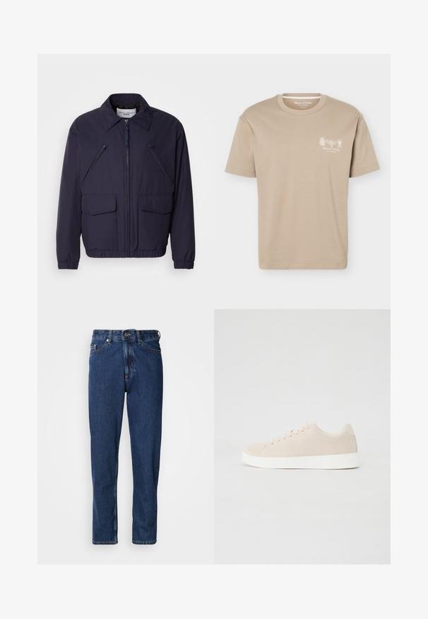 Mørkeblå jakke med lynlås foran, spidse krave, to store forlommer og to skrå lynlåslommer på brystet. Lavet af glat, let materiale.; Beige kortærmet T-shirt med rund halsudskæring med små insektgrafikker og "Marc O'Polo" logo på venstre bryst.; Mørkeblå jeans lavet af denim, med lige ben, fem-lommer stil og synlige syninger langs sømmene.; Beige ruskindsneakers med hvide gummisåler, rund tå og seks snøringshuller. Glat tekstur med minimalisk design.