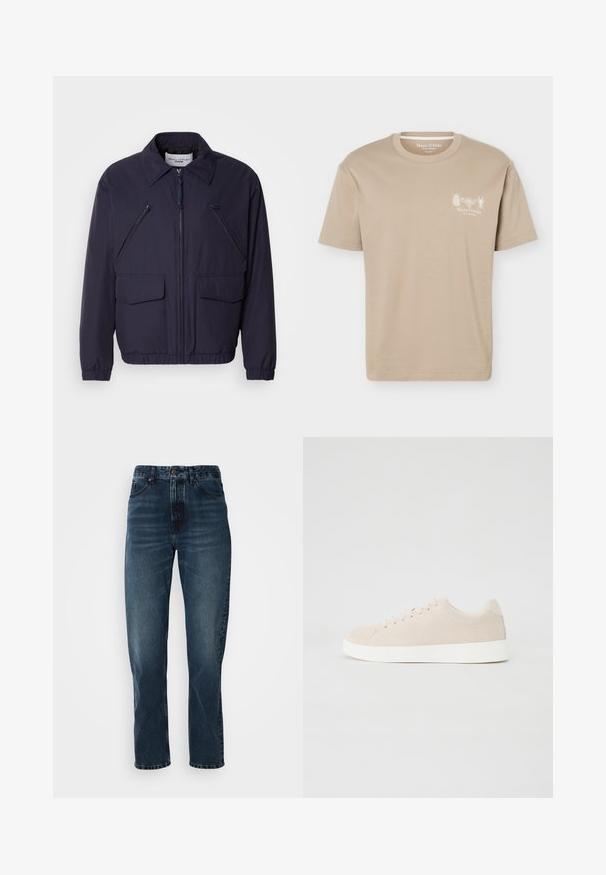 Donkerblauwe jas met een ritssluiting aan de voorkant, een puntige kraag, twee grote voorzakken en twee schuin geplaatste borstzakken met rits. Gemaakt van glad, lichtgewicht materiaal.; Beige T-shirt met korte mouwen en een ronde hals, met kleine insectengrafieken en het "Marc O'Polo"-logo op de linkerborst.; Donkerblauwe recht gesneden jeans met een sluiting met knoop en rits aan de voorkant, vijf-pocket ontwerp en subtiele vervaging op de dijen en knieën.; Beige suède sneakers met witte rubberen zolen, ronde neus en zes veterogen. Gladde textuur met minimalistisch ontwerp.