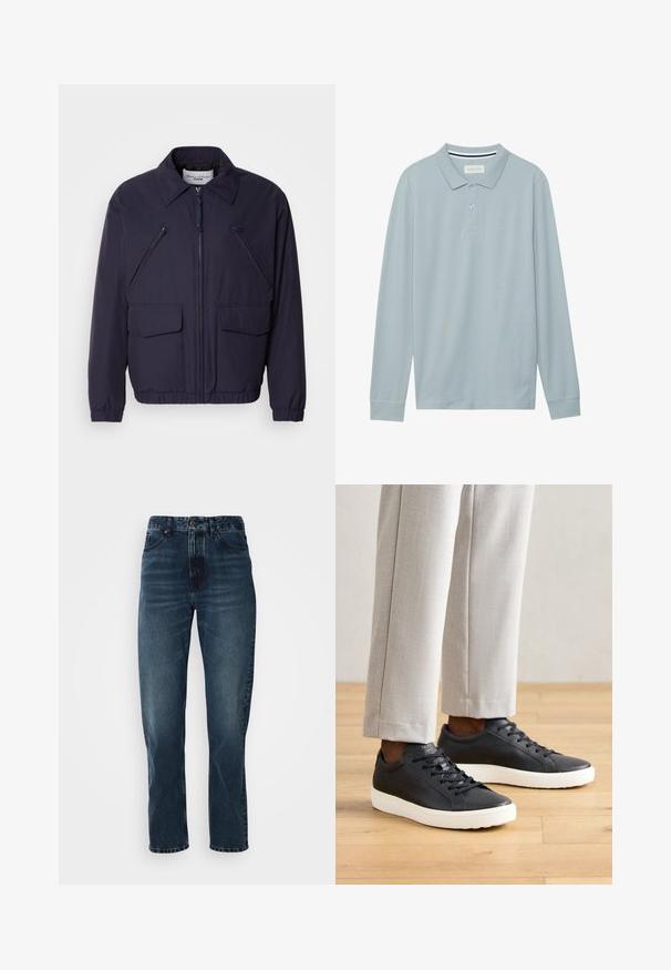 Donkerblauwe jas met een ritssluiting aan de voorkant, een puntige kraag, twee grote voorzakken en twee schuin geplaatste borstzakken met rits. Gemaakt van glad, lichtgewicht materiaal.; Lange mouw polo shirt in lichtblauw met een vlakke kraag, een drieknoopssluiting en een subtiele textuur. Beschikt over een gestreepte binnenkraag.; Donkerblauwe recht gesneden jeans met een sluiting met knoop en rits aan de voorkant, vijf-pocket ontwerp en subtiele vervaging op de dijen en knieën.; Zwarte leren sneakers met een gestructureerd oppervlak, witte rubberen zool, platte veters, gecombineerd met lichtgrijze op maat gemaakte broek.