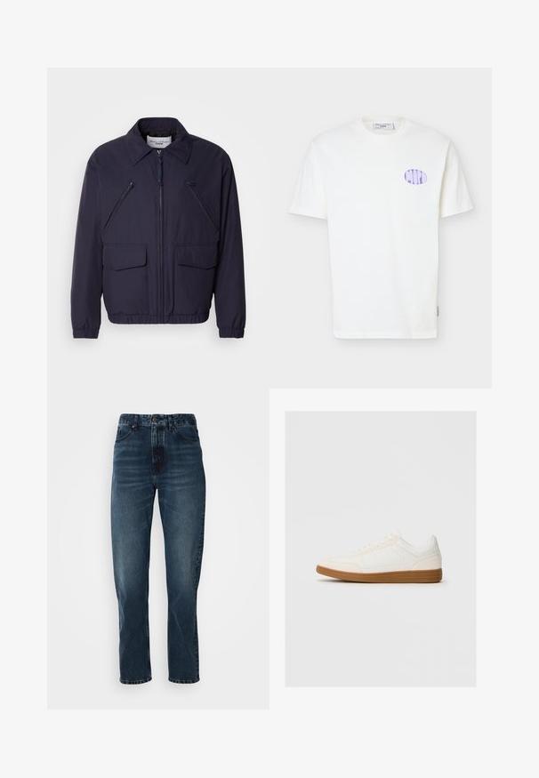 Mørkeblå jakke med lynlås foran, spidse krave, to store forlommer og to skrå lynlåslommer på brystet. Lavet af glat, let materiale.; Hvid kortærmet T-shirt af bomuld med lilla oval logo på venstre bryst og en rund halsudskæring.; Mørkeblå lige bukser med frontknap og lynlås, fem-lomme design og subtil fading på lår og knæ.; Hvide sneakers med en ruskind tåspids, glat syntetisk overdel og tan gummisål. Har perforeringer på siderne for åndbarhed.