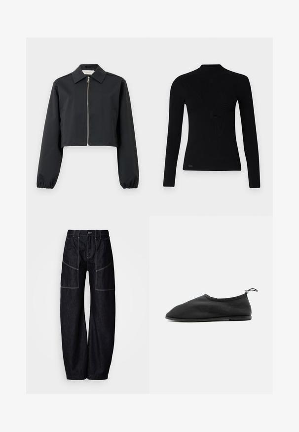 Chaqueta negra cortada hecha de tela suave, con cuello, cierre frontal con cremallera y puños elásticos. Diseño sencillo sin patrones.; Suéter negro de manga larga de canalé con cuello alto, que presenta una forma ajustada y un tejido texturizado. Pequeño logotipo en la esquina inferior izquierda.; Pantalones vaqueros de mezclilla oscura de pierna ancha con múltiples bolsillos frontales, costuras en contraste y cierre de botón en la cintura. Textura suave y diseño casual.; Zapato de tela negro tipo slip-on con suela plana y lazo elástico ajustable en el talón, mostrado desde el lado exterior sobre fondo blanco.