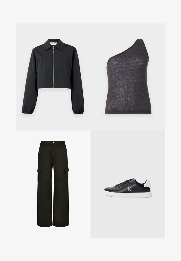 Chaqueta negra cortada hecha de tela suave, con cuello, cierre frontal con cremallera y puños elásticos. Diseño sencillo sin patrones.; Top negro asimétrico sin mangas con una sola tiranta, confeccionado con una tela suave y ligeramente transparente, presentando una silueta ajustada y una textura suave.; Pantalones cargo de pierna ancha en negro. Elaborados con tejido suave, con bolsillos laterales, cuentan con cierre de botón y trabillas para cinturón. Diseño simple y funcional.; Zapatillas sintéticas negras con un acabado suave, acento blanco en el talón, puntera redonda y cordones negros, con un logo plateado "ck" en el lateral.