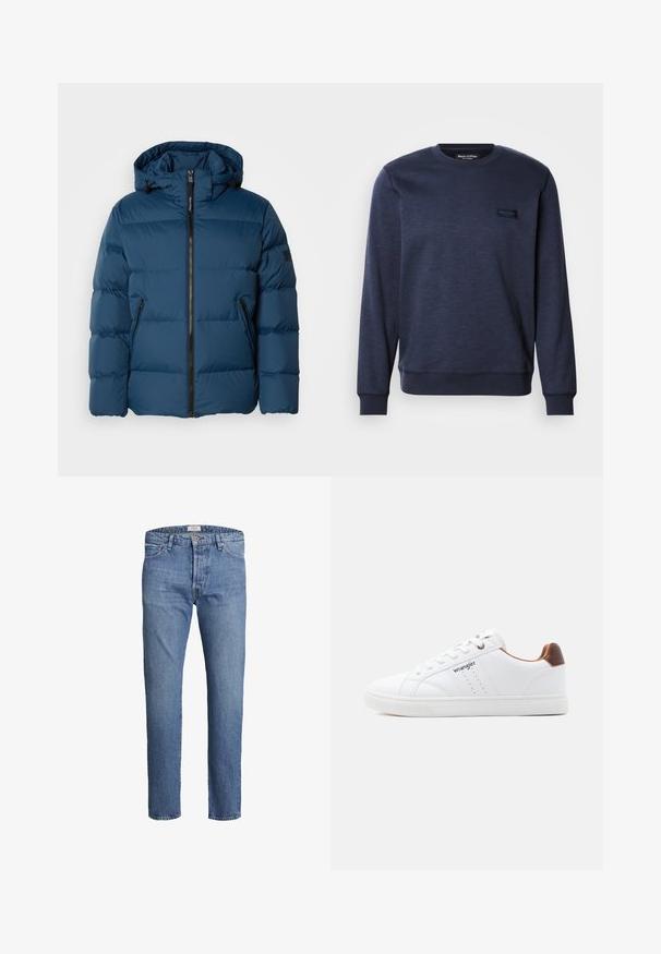 Blauwe pufferjas met een capuchon, voorzien van een rits aan de voorkant, twee zijzakken en gecapitonneerde secties voor isolatie. Glad, waterafstotend materiaal.; Marineblauwe sweater gemaakt van zachte stof, met een ronde halslijn, geribbelde mouwen en een klein logopatch op de voorkant.; Lichtblauwe denim jeans met een rechte pijp, vijf pockets, een enkele knoop bij de taille en subtiele vervagingen overal.; Witte lage sneaker met witte veters, geperforeerde details, 'Wrangler' logo aan de zijkant en bruine hielaccent op een effen achtergrond.