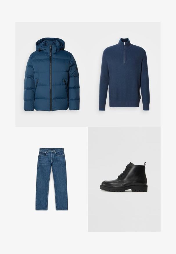 Blauwe pufferjas met een capuchon, voorzien van een rits aan de voorkant, twee zijzakken en gecapitonneerde secties voor isolatie. Glad, waterafstotend materiaal.; Donkerblauwe gebreide trui met een halve ritssluiting en een geribde textuur, lange mouwen en een contrasterende binnenkraag. Heeft een zijtag.; Blauwe spijkerbroek met een rechte pijp, vier zakken en metalen hardware details. De stof heeft een lichte textuur en een gelijkmatige wassing.; Zwarte leren enkellaarzen met een ronde neus, vetersluiting aan de voorkant en een gestructureerde rubberen zool. Voorzien van een trekband op de hak voor eenvoudig aan- en uittrekken.