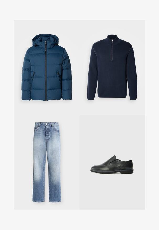 Chaqueta acolchada azul con capucha, que cuenta con un cierre frontal, dos bolsillos laterales y secciones acolchadas para aislamiento. Material suave y resistente al agua.; Jersey de punto azul marino con media cremallera y cuello alto. Presenta mangas largas y una textura suave, con detalles mínimos y sin patrones.; Vaqueros de talle alto, pierna recta y color azul claro con bolsillos delanteros, presillas para cinturón y detalles deslavados en muslos y rodillas.; Zapato negro de cuero sin cordones con un upper suave, detalles de costura, punta redonda y un bajo tacón de goma. La suela presenta una tracción mínima.