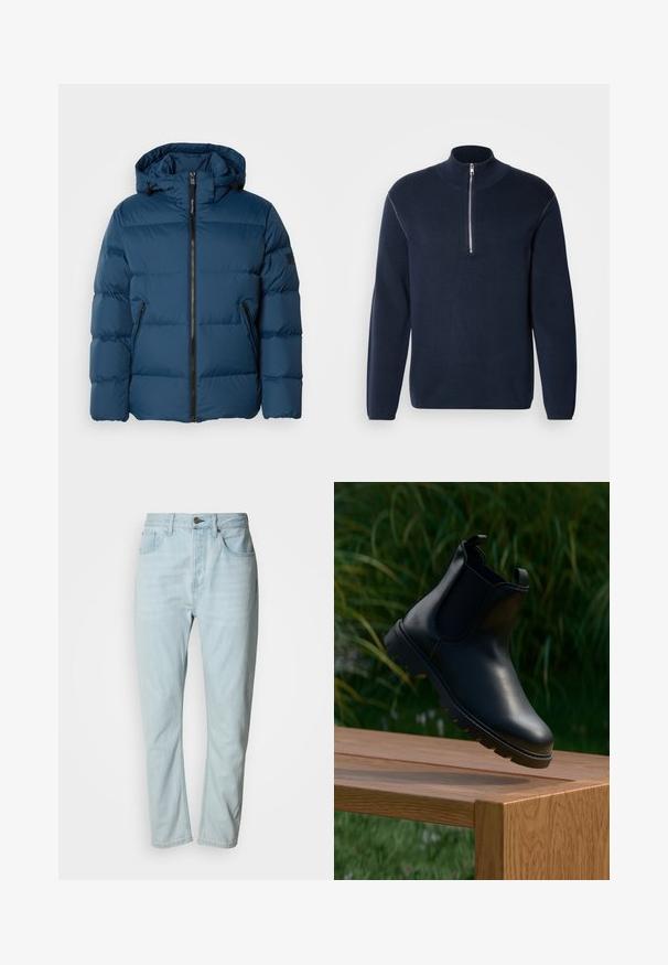 Blauwe pufferjas met een capuchon, voorzien van een rits aan de voorkant, twee zijzakken en gecapitonneerde secties voor isolatie. Glad, waterafstotend materiaal.; Marineblauwe gebreide trui met halve rits en hoge kraag. Heeft lange mouwen en een gladde textuur, met minimale accenten en zonder patronen.; Lichtblauwe spijkerbroek met rechte pasvorm, voorzien van knoop- en ritssluiting, vijf zakken en subtiele vervaging in de stof.; Zwarte leren Chelsea-boot met een ronde neus, elastische zijpanelen, trekstrips en een getextureerde rubberen zool, geplaatst op een houten oppervlak.