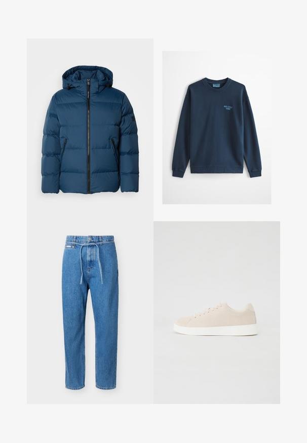 Veste matelassée bleue avec capuche, dotée d'une fermeture éclair à l'avant, de deux poches latérales et de sections matelassées pour l'isolation. Matériau lisse et résistant à l'eau.; Sweat-shirt bleu clair à col rond avec manches longues et petit logo "Marc O'Polo Denim" sur le côté gauche de la poitrine.; Jean en denim bleu avec une coupe droite, taille haute, bouton à l'avant, fermeture éclair, et une fine ceinture en denim nouée à la taille.; Baskets en daim beige avec semelles en caoutchouc blanc, bout rond et six œillets pour les lacets. Texture lisse avec un design minimaliste.