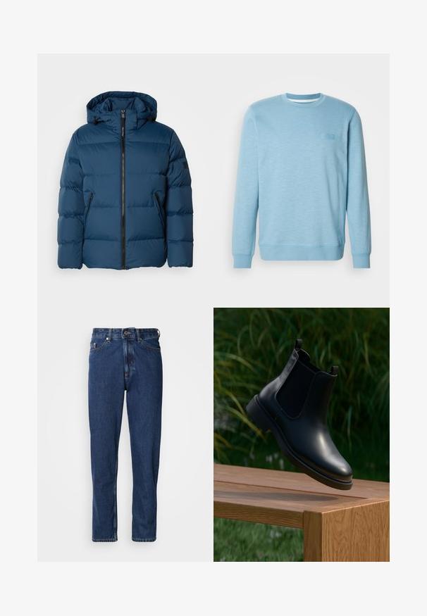 Blauwe pufferjas met een capuchon, voorzien van een rits aan de voorkant, twee zijzakken en gecapitonneerde secties voor isolatie. Glad, waterafstotend materiaal.; Lichtblauwe sweatshirt van een katoenmix, voorzien van een ronde hals, lange mouwen, geribbelde manchetten en een subtiel textuurpatroon.; Donkerblauwe spijkerbroek gemaakt van denim, met een rechte pijp, vijfzakkenontwerp en zichtbare stiksels langs de naden.; Zwarte leren enkelboot met elastische zijpanelen zwevend boven een houten bank, groene loof achtergrond.