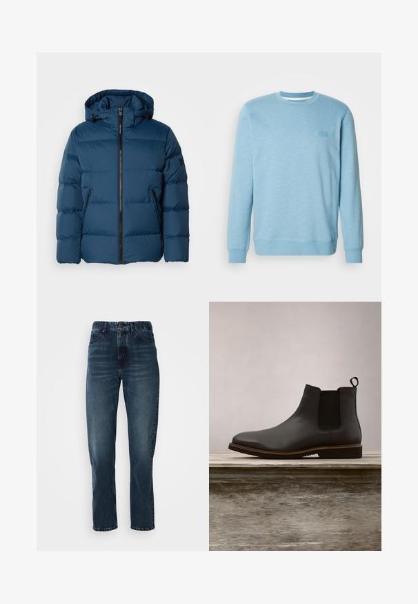 Blauwe pufferjas met een capuchon, voorzien van een rits aan de voorkant, twee zijzakken en gecapitonneerde secties voor isolatie. Glad, waterafstotend materiaal.; Lichtblauwe sweatshirt van een katoenmix, voorzien van een ronde hals, lange mouwen, geribbelde manchetten en een subtiel textuurpatroon.; Donkerblauwe recht gesneden jeans met een sluiting met knoop en rits aan de voorkant, vijf-pocket ontwerp en subtiele vervaging op de dijen en knieën.; Zwarte leren Chelsea boot met elastische zijkanten en een ronde neus, met een gestructureerde zool en subtiele stiksel details, verhoogd boven een houten oppervlak.
