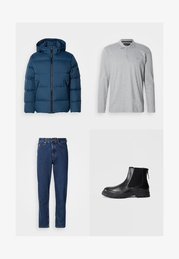 Blauwe pufferjas met een capuchon, voorzien van een rits aan de voorkant, twee zijzakken en gecapitonneerde secties voor isolatie. Glad, waterafstotend materiaal.; Grijze polo met lange mouwen van zachte stof, voorzien van een halve ritssluiting, een klassieke kraag en een klein logo op de borst.; Donkerblauwe spijkerbroek gemaakt van denim, met een rechte pijp, vijfzakkenontwerp en zichtbare stiksels langs de naden.; Zwarte leren enkelboot met een gladde afwerking, elastische mesh zijkanten en een robuuste zool met een zichtbaar profiel.
