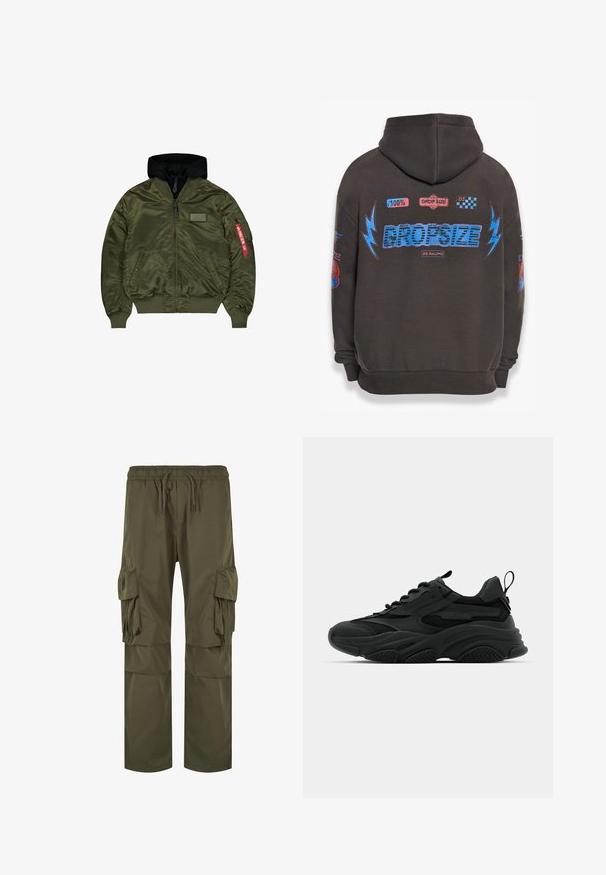 Olijfgroene bomberjas met zwarte capuchon, rits aan de voorkant, twee zakken met drukknopen, geribde boorden en een rood stoffen label op het ritszakje op de linkermouw.; Donkergrijze hoodie met grote blauwe "DROPSIZE" tekst en kleurrijke graphics. Voorzien van een capuchon, geribbelde mouwen en verschillende geprinte patches.; Olijfgroene cargobroek met een elastische tailleband met koord, meerdere zijzakken en een losse pasvorm met geplooide details.; Zwarte sportieve sneakers met een chunky zool, mesh panelen en rubberen accenten. Voorzien van een trekband aan de hak en gestructureerde patronen.