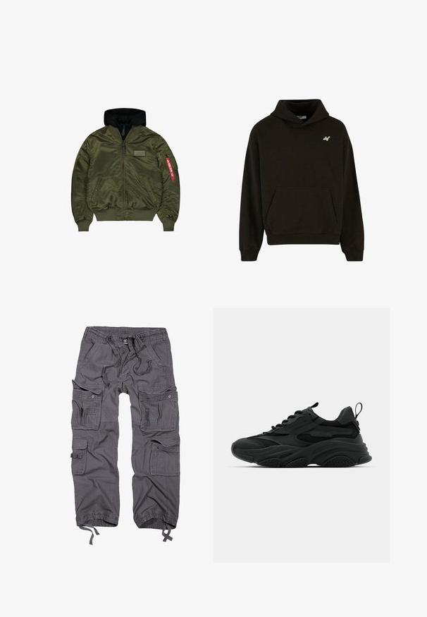 Olivgrüne Bomberjacke mit schwarzer Kapuze, Frontreißverschluss, zwei Druckknopftaschen, gerippten Bündchen und einem roten Stoffetikett an der Reißverschlusstasche am linken Ärmel.; Schwarzer Hoodie aus weichem Material, mit einer frontalen Tasche, Kapuze mit Kordelzug und kleinem weißen Logo auf der Brust. Gerippte Bündchen und Saum.; Graue Cargo-Hosen mit mehreren Taschen, verstellbarem Bund, Knopfverschluss, schmal zulaufenden Säumen und einer strukturierten Stoffoberfläche.; Schwarze Sportschuhe mit einer dicken Sohle, Mesh-Einsätzen und Gummidetails. Verfügen über eine Zuglasche an der Ferse und strukturierte Muster.