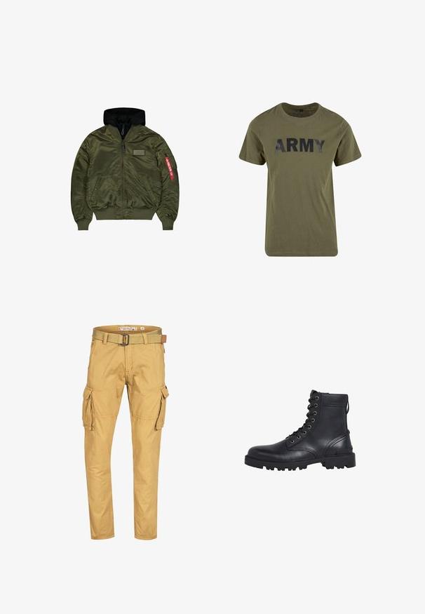 Olivgrüne Bomberjacke mit schwarzer Kapuze, Frontreißverschluss, zwei Druckknopftaschen, gerippten Bündchen und einem roten Stoffetikett an der Reißverschlusstasche am linken Ärmel.; Olivengrünes Baumwoll-T-Shirt mit kurzen Ärmeln, das einen auffälligen schwarzen "ARMY"-Druck auf der Vorderseite zeigt. Klassischer Rundhalsausschnitt und lockere Passform.; Tarnfarbene Cargo-Hosen mit geradem Schnitt, mehreren Seitentaschen, einem gewebten Gürtel und einem weichen, langlebigen Baumwollgemischstoff.; Schwarze Lederstiefeletten mit runder Zehenpartie, Schnürverschluss und Profilsohle für bessere Trittsicherheit. Mit Metallösen und einer Anziehlasche ausgestattet.